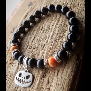 🖤🎃 Pumpkin Charm Stone Bracelet Halloween Goth Obsidian Crystal Black